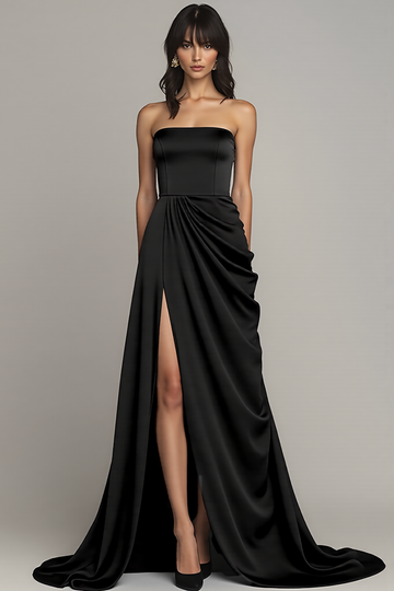 Black Strapless A Line Ruched Long Formal Dress with Slit